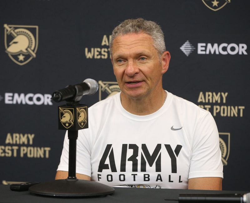 Army football head coach Jeff Monken after practice on July 30, 2024.