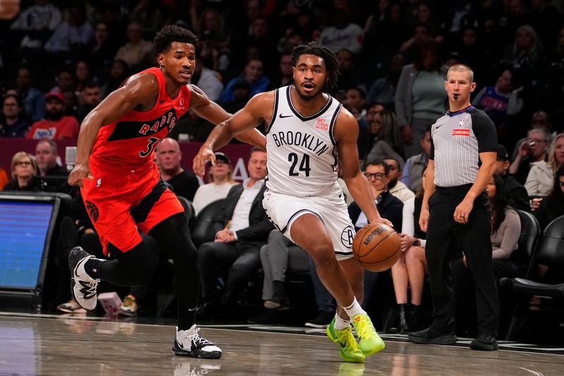 Oct 18, 2024; Brooklyn, New York, USA; Brooklyn Nets small guard Cam Thomas (24) dribbles the ball past Toronto Raptors guard Ochai Agbaji (30) during the first half at Barclays Center. Mandatory Credit: Gregory Fisher-Imagn Images