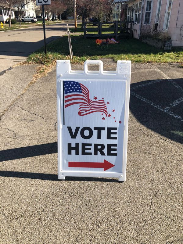 A sign directs voters to the polls in Arkport, Steuben County Tuesday, Nov. 5, 2024.