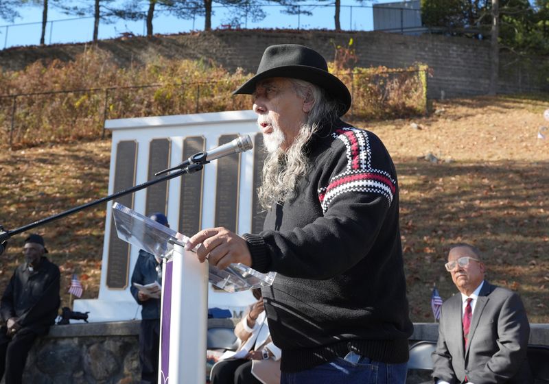 Chief Dwaine Perry of the Ramapo Munsee Nation speaks during the Veterans Day ceremony at Mount Moor Cemetery in West Nyack Nov. 11, 2024.