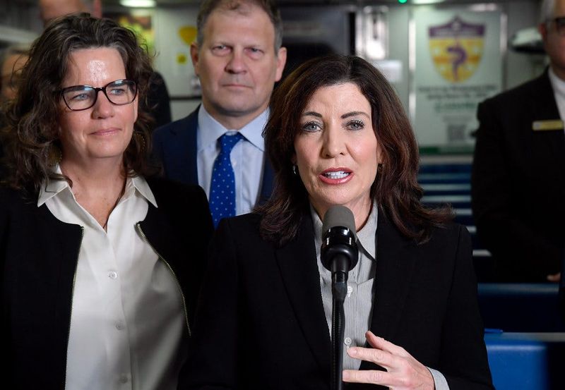 Gov. Kathy Hochul expressed support for the MTA's capital plan during a press conference aboard a Metro-North train car at the Garrison station on Dec. 11, 2024. She was joined by Putnam County Legislator Nancy Montgomery and MTA board member Neal Zuckerman.