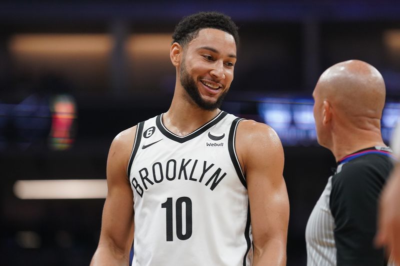 Nov 15, 2022; Sacramento, California, USA; Brooklyn Nets guard Ben Simmons (10) stands on the court during a timeout against the Sacramento Kings in the first quarter at the Golden 1 Center. Mandatory Credit: Cary Edmondson-USA TODAY Sports