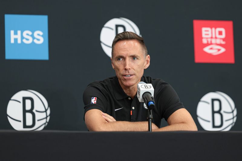 Sep 26, 2022; Brooklyn, NY, USA; Brooklyn Nets head coach Steve Nash talks to the media during media day at HSS Training Center. Mandatory Credit: Vincent Carchietta-USA TODAY Sports
