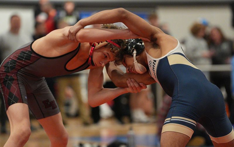 Newburgh's William Soto wrestles Austin Campsey from East Hampton in the 108-pound championship match at the 2025 Eastern States Classic at the Impact Athletic Center in Halfmoon on Saturday, January 11, 2025.