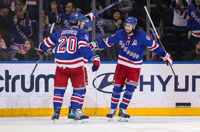 Feb 2, 2025; New York, New York, USA; New York Rangers left wing Artemi Panarin (10) celebrates his goal against the Vegas Golden Knights during the third period at Madison Square Garden.