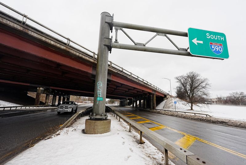 The Interstate 590 north and south bridges over Monroe Avenue in Brighton are in need of repair. Chunks of cement can be seen missing from the support columns on Feb. 13, 2025.
