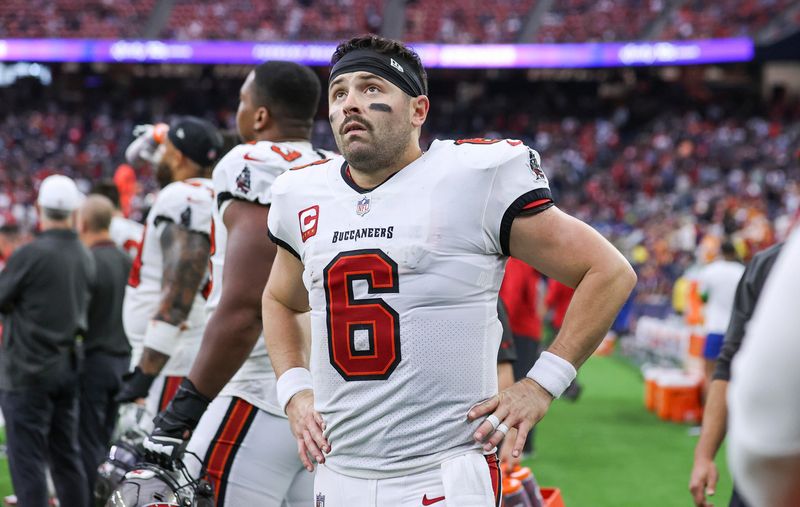 Nov 5, 2023; Houston, Texas, USA; Tampa Bay Buccaneers quarterback Baker Mayfield (6) on the sideline during the fourth quarter against the Houston Texans at NRG Stadium. Mandatory Credit: Troy Taormina-USA TODAY Sports
