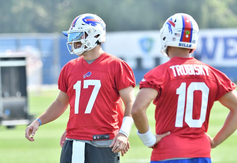 Jul 28, 2021; Orchard Park, NY, United States; Buffalo Bills quarterbacks Josh Allen (17) and Mitchell Trubisky (10) on the field during practice at the Buffalo Bills Training Facility. Mandatory Credit: Mark Konezny-USA TODAY Sports