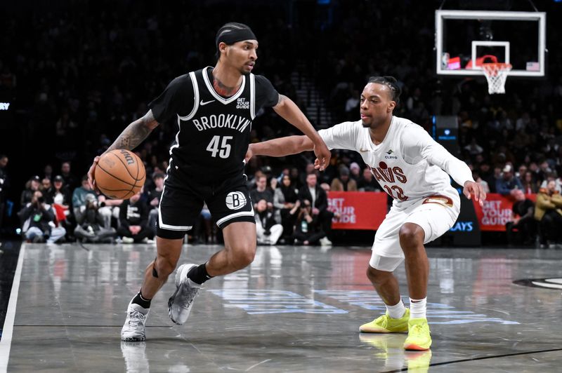 Feb 20, 2025; Brooklyn, New York, USA; Brooklyn Nets guard Keon Johnson (45) tries to get past Cleveland Cavaliers guard Darius Garland (10) during the first half at Barclays Center. Mandatory Credit: John Jones-Imagn Images