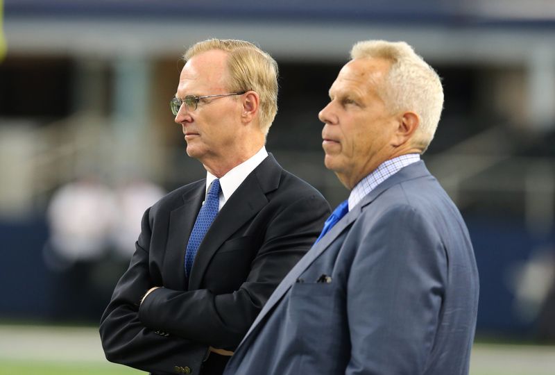 Sep 8, 2013; Arlington, TX, USA; New York Giants executive vice president Steve Tisch (right) and president John K. Mara prior to the game against the Dallas Cowboys at AT&T Stadium. Mandatory Credit: Matthew Emmons-USA TODAY Sports