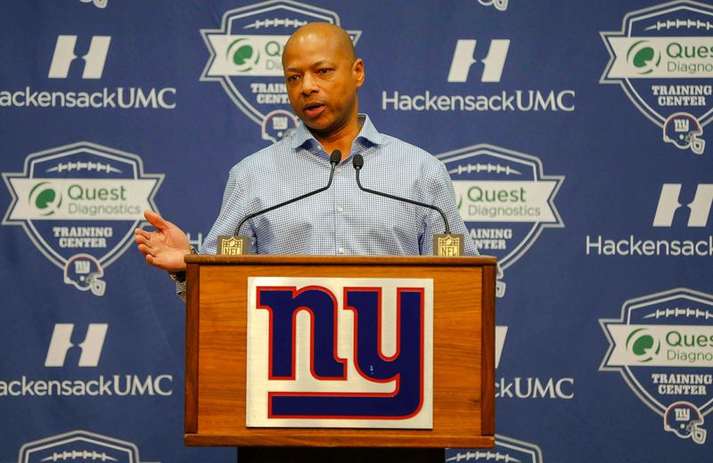 Jan 5, 2016; East Rutherford, NJ, USA; New York Giants general manager Jerry Reese addresses the media during a press conference at Quest Diagnostics Training Center. Mandatory Credit: Jim O'Connor-USA TODAY Sports