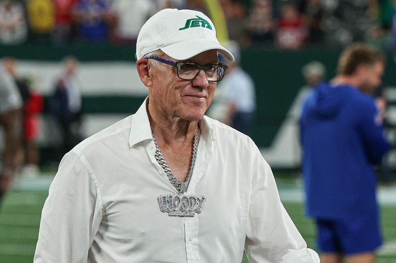 Sep 11, 2023; East Rutherford, New Jersey, USA; New York Jets owner Woody Johnson on the field before the game against the Buffalo Bills at MetLife Stadium. Mandatory Credit: Vincent Carchietta-USA TODAY Sports