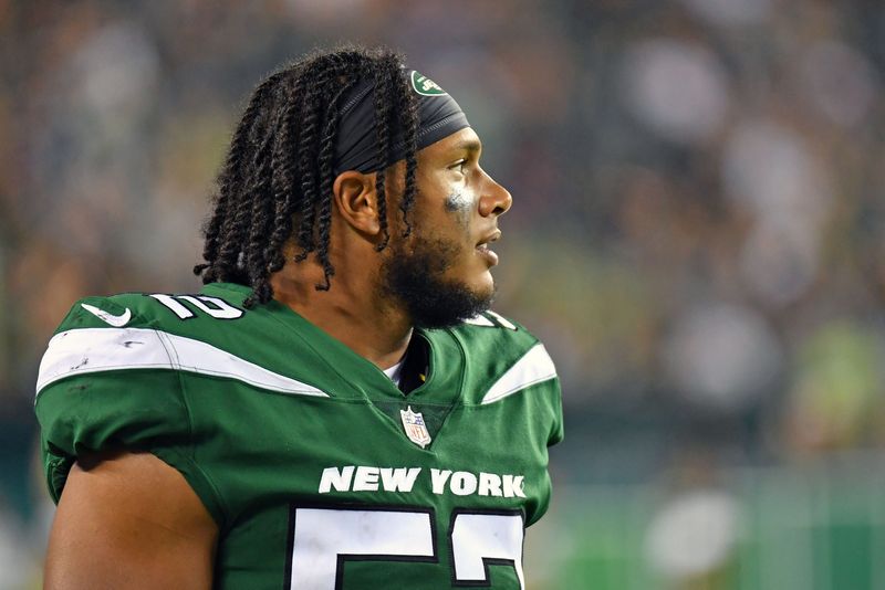 Aug 12, 2022; Philadelphia, Pennsylvania, USA; New York Jets defensive end Jermaine Johnson (52) against the Philadelphia Eagles at Lincoln Financial Field. Mandatory Credit: Eric Hartline-USA TODAY Sports