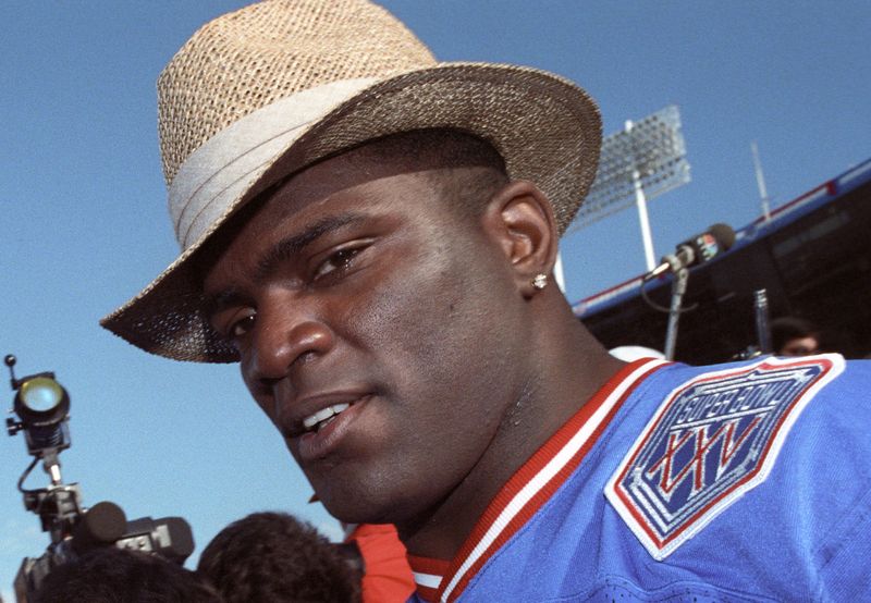 Jan 22, 1991; Tampa, FL, USA; FILE PHOTO; New York Giants linebacker Lawrence Taylor (56) addresses the press during media day for Super Bowl XXV at Tampa Stadium. The New York Giants defeated the Buffalo Bills 19-20. Mandatory Credit: Darr Beiser-USA TODAY Sports
