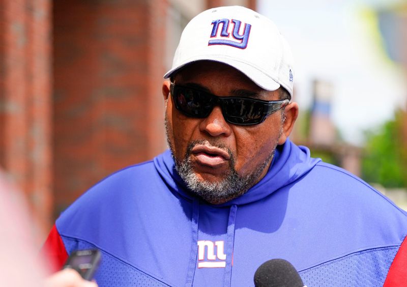 Andre Patterson, New York Giants defensive line coach, talks to reporters before mandatory minicamp at the Giants training center in East Rutherford on Tuesday, June 13, 2023.