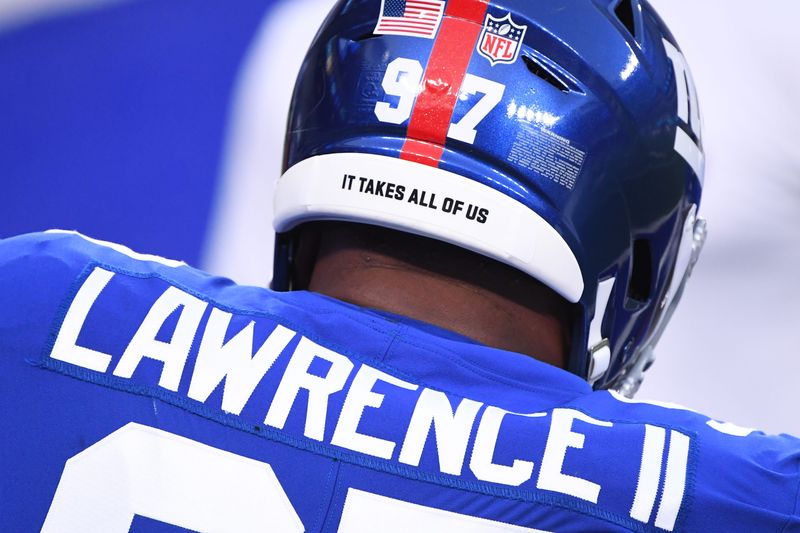 Sep 14, 2020; East Rutherford, New Jersey, USA; A detailed view of the helmet worn by New York Giants defensive tackle Dexter Lawrence (97) before the game against the Pittsburgh Steelers at MetLife Stadium. Mandatory Credit: Robert Deutsch-USA TODAY Sports