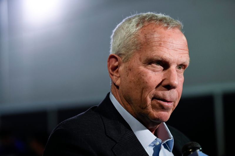 Jan 9, 2020; East Rutherford, New Jersey, USA; New York Giants co-owner Steve Tisch talks to reporters after the press conference introducing new head coach Joe Judge (not pictured) at MetLife Stadium. Mandatory Credit: Danielle Parhizkaran-USA TODAY Sports