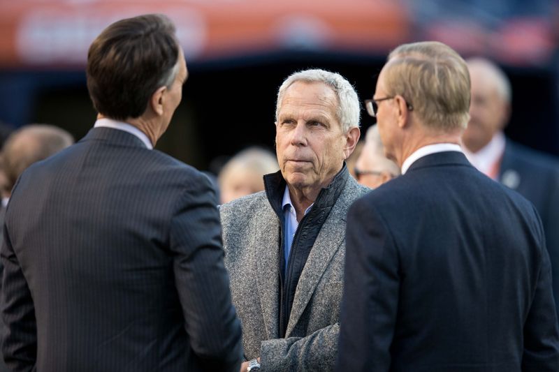 Oct 15, 2017; Denver, CO, USA; New York Giants executive vice president Steve Tisch (C) before the game against the Denver Broncos at Sports Authority Field at Mile High. Mandatory Credit: Isaiah J. Downing-USA TODAY Sports