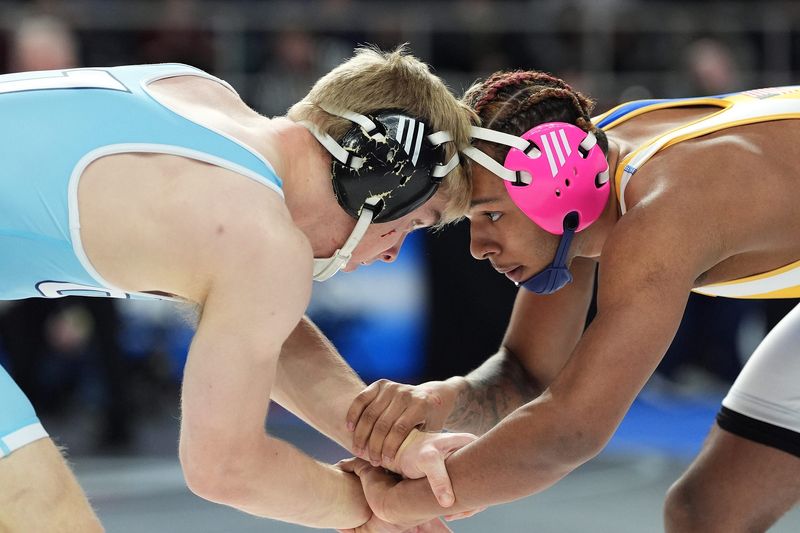 Horace Greeley's Chris Nocca wrestles Kennedy Thomas from Cicero-North Syracuse in the 152-pound match during Day 1 of the NYSPHSAA Boys Wrestling Championships at MVP Arena in Albany on Friday, February 28, 2025.