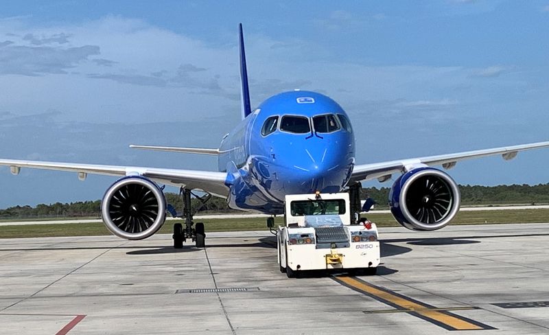 A Breeze Airways jet is pushed toward the runway Sunday, Feb. 16, 2025, at Vero Beach Regional Airport in Florida.