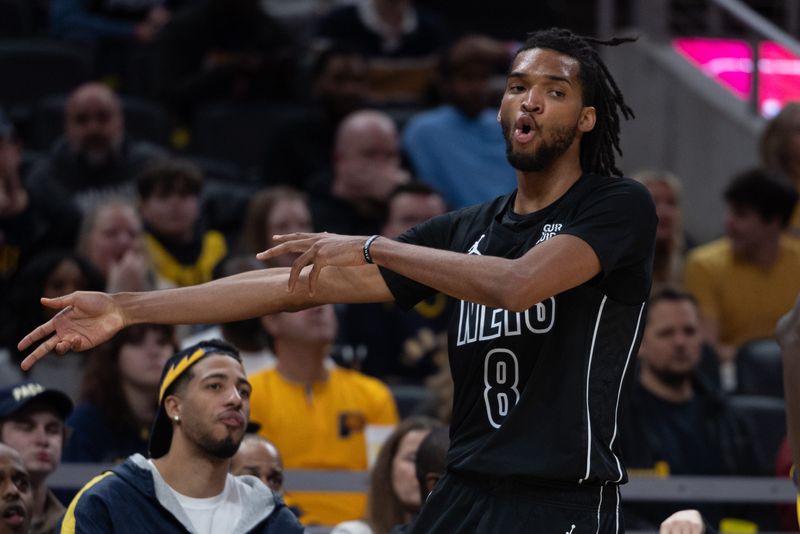 Mar 20, 2025; Indianapolis, Indiana, USA; Brooklyn Nets forward Ziaire Williams (8) celebrates a made basket in the second half against the Indiana Pacers at Gainbridge Fieldhouse. Mandatory Credit: Trevor Ruszkowski-Imagn Images