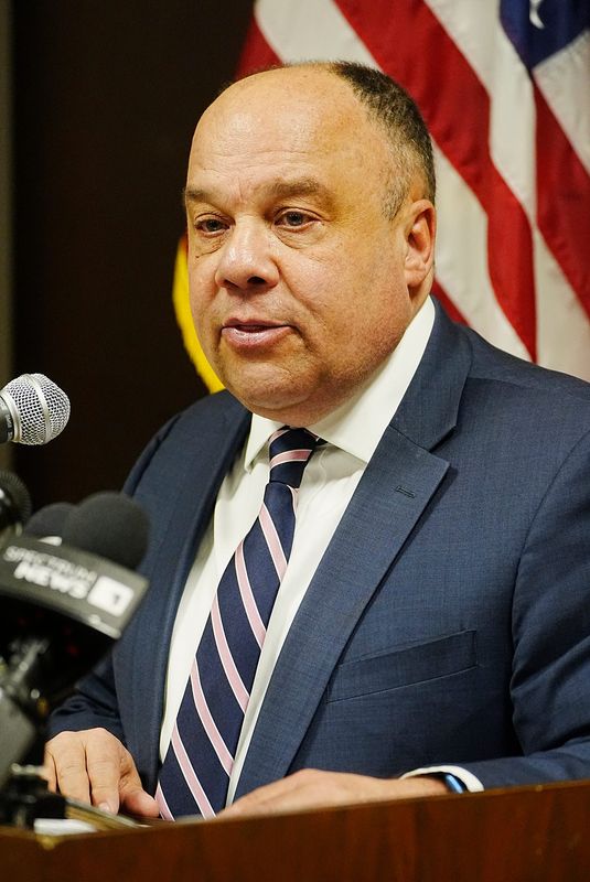 A courtroom on the fifth floor of the Hall of Justice was renamed the Susan B. Anthony Courtroom and a statue from 1983 that was restored was unveiled during a dedication ceremony at the Hall of Justice in Rochester on March 25, 2025. Monroe Deputy County Executive Jeff McCann makes a few remarks during the ceremony.