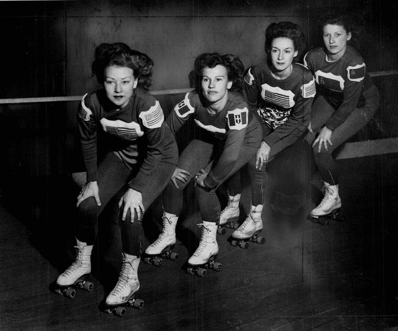 S Becky Thomas, Patricia Narcoli and Bobbie Farrell, from left, drill in May 1946 as they prepare to compete in the 2,500-mile International Roller Speedway, with men's and women's teams, at the Main Street East Armory. The event lasted four weeks.