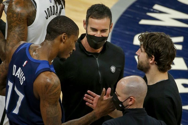 Apr 13, 2021; Minneapolis, Minnesota, USA; Minnesota Timberwolves center Ed Davis (17) greets Brooklyn Nets head coach Steve Nash and forward Joe Harris (12) after a game at Target Center. Mandatory Credit: Bruce Kluckhohn-USA TODAY Sports