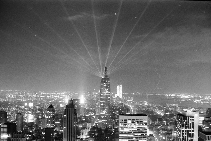 The Empire State Building 50th anniversary celebration featured a laser light show as seen from the RCA Building April 30, 1981. The light show consisted of beams of light - mounted on two corners of the building. The beams were rotated 360 degrees every hour so that everyone could get a look.