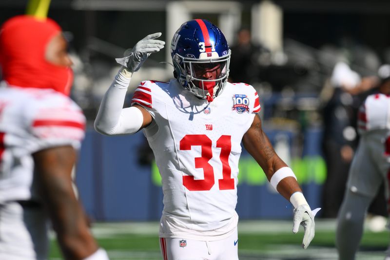 Oct 6, 2024; Seattle, Washington, USA; New York Giants safety Tyler Nubin (31) during warmups before the game against the Seattle Seahawks at Lumen Field. Mandatory Credit: Steven Bisig-Imagn Images