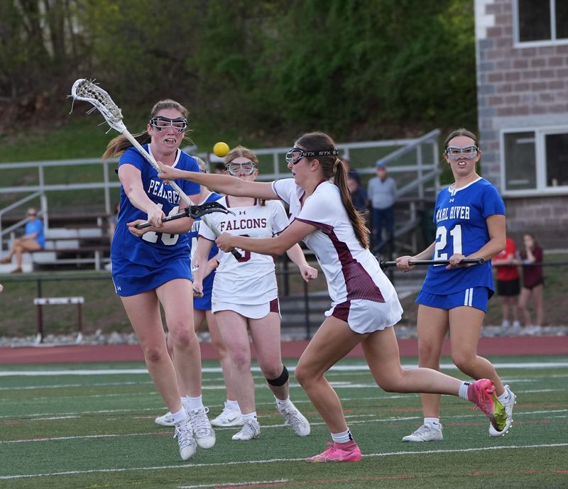 Pearl River's Jaclyn Mahoney (16) takes a shot on goal during their 10-8 win over Albertus in girls lacrosse at Albertus Magnus High School in Bardonia on Tuesday, April 22, 2025.