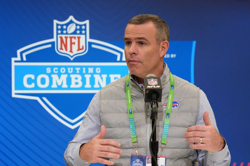 Feb 25, 2025; Indianapolis, IN, USA; Buffalo Bills general manager Brandon Beane speaks during the NFL Scouting Combine at the Indiana Convention Center. Mandatory Credit: Kirby Lee-Imagn Images