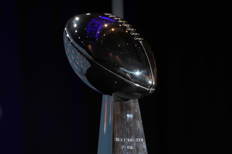 The Vince Lombardi trophy at the Super Bowl LIX Winning Head Coach and Most Valuable Player press conference at the Ernest N. Morial Convention Center.