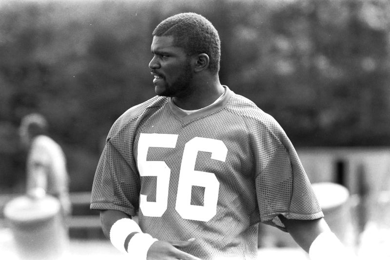 Giants linebacker Lawrence Taylor ended his three-week holdout and joined his teammates at the Giants training camp at Pace University in Pleasantville August 14, 1983. Taylor, a first-round draft choice out of North Carolina in 1981, has been an All-Pro performer his first two years in the league.