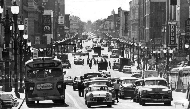 East Main Street in Rochester is shown in 1941 in this photo, looking west at the Four Corners, in the photo's center.