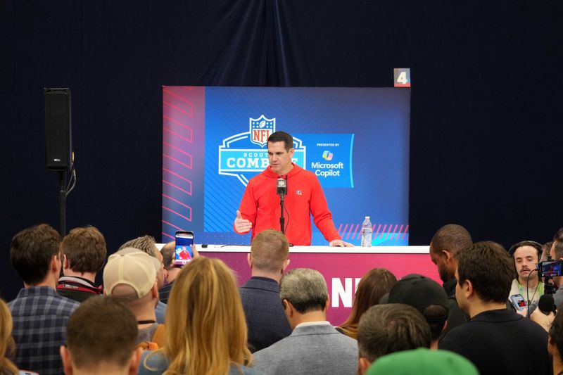 Feb 25, 2025; Indianapolis, IN, USA; New York Giants general manager Joe Schoen speaks during the NFL Scouting Combine at the Indiana Convention Center. Mandatory Credit: Kirby Lee-Imagn Images