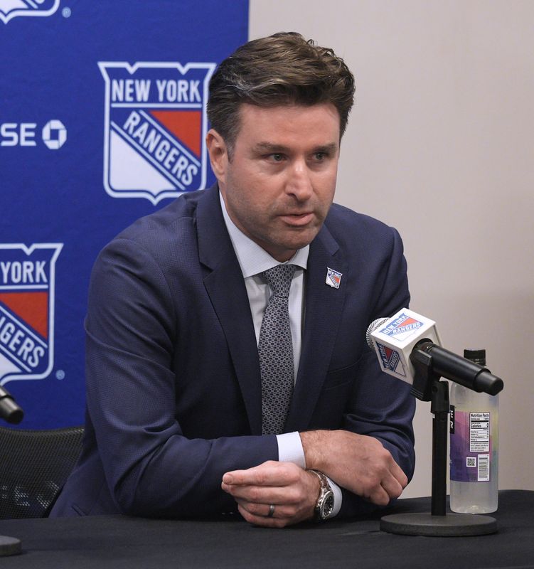 NY Rangers president and general manager Chris Drury speaks during a press conference to introduce new head coach Mike Sullivan at the MSG Training Center in Tarrytown, New York May 8, 2025.