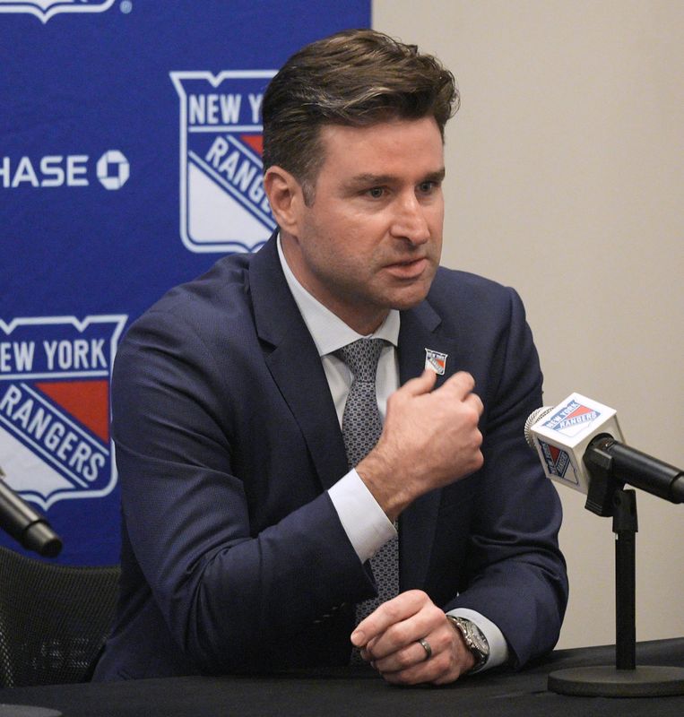 NY Rangers president and general manager Chris Drury speaks during a press conference to introduce new head coach Mike Sullivan at the MSG Training Center in Tarrytown, New York May 8, 2025.