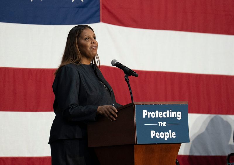New York Attorney General Letitia James speaks to attendees at a Protecting the People Community Impact Hearing at Westchester Community College in Valhalla on Thursday, May 8, 2025.