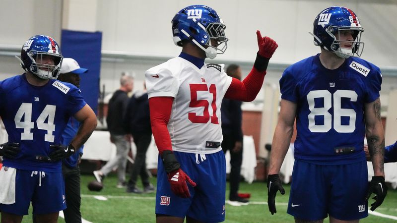 Eat Rutherford, NJ -- May 9, 2025 -- Draft picks Cam Skattebo, Abdul Carter and Thomas Fidone II during practice at Giants Rookie Minicamp.