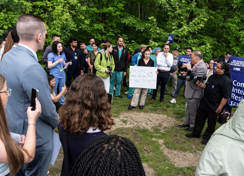 Westchester County Legislator Judah Holstein speaks to about 100 medical residents outside Westchester Medical Center in Valhalla during a rally May 13, 2025. Residents were rallying for a contract with higher wages, saying that their wages fall behind their peers in the area.