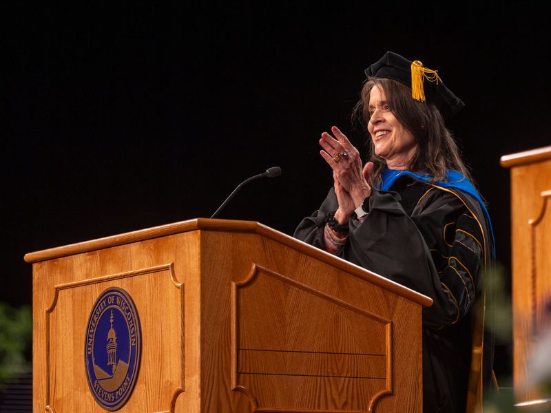 UWSP Provost and Vice Chancellor for Academic Affairs La Bonne Cornell-Swanson applauds for the spring graduates during the University of Wisconsin-Stevens Point's spring commencement for the College of Letters and Science, College of Natural Resources and College of Fine Arts and Communication in the Skyward Field House at Champions Hall on Saturday, May 17, 2025.