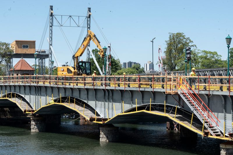 Renovation work is underway on the Glen Island Bridge in New Rochelle May 19, 2025. A temporary bridge has been opened next to the permanent bridge for vehicle and pedestrian traffic. The temporary bridge, which also serves as a draw bridge, will remain in place while the permanent bridge, which is almost a century old, undergoes a complete renovation. The renovation project is schedule to be completed in the summer of 2026. The bridge is the only way for pedestrians and vehicles to gain access to Glen Island Park.