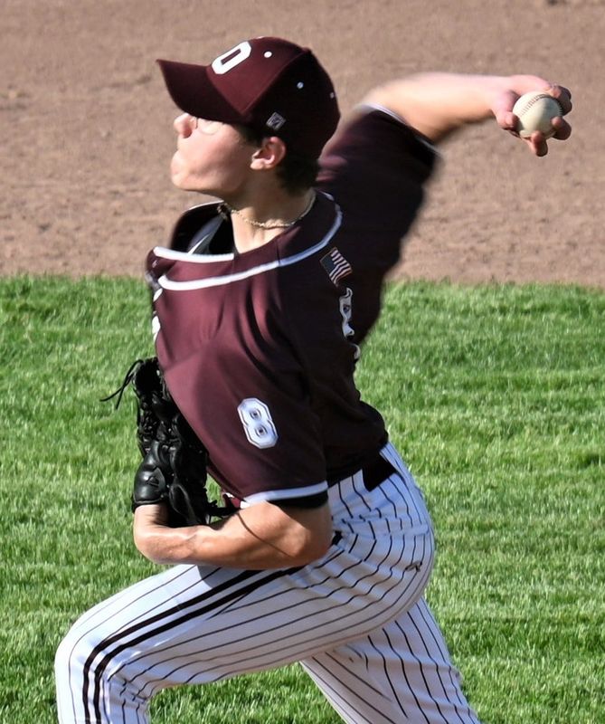Oriskany Skyhawk Dean Koenig delivers a pitch against Little Falls Friday, May 16, 2025, in Oriskany, New York.