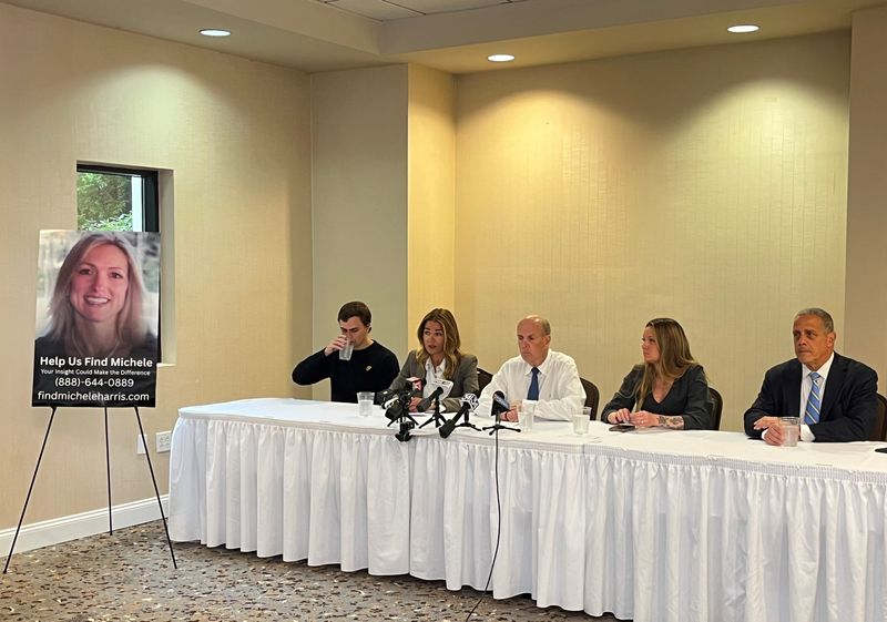 From left, Taylor Harris, Aida Leisenring, Cal Harris, Jenna Harris and Bruce Barket announce a $100,000 reward for information leading to Michele Harris on May 22, 2025.