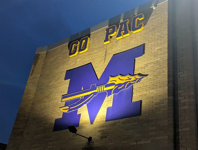 The Mahopac logo was lit up at Mahopac High School on May 22, 2025 as the Board of Education met to discuss a revote on the $145 million school budget, which was the only school budget in the lower Hudson Valley to be defeated on May 20.