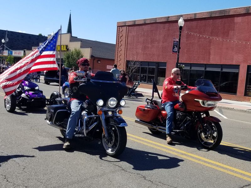 Motorcycles driven by members of the AMVETS Riders from Post 245 in Hornell roar through the Maple City’s Memorial Day parade in 2025.