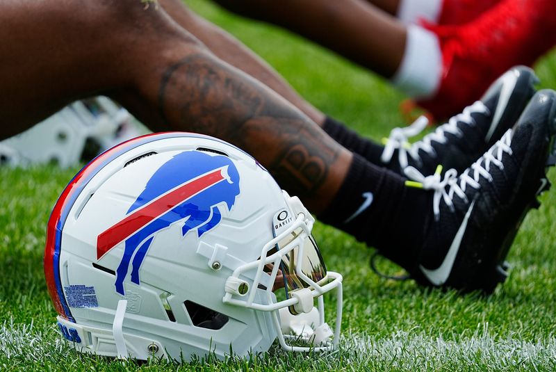 Buffalo Bills helmet sits next to a player during a voluntary workout at the practice facility on May 27, 2025.