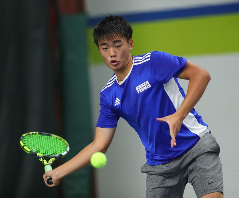 Goshen's Allen Yi competes in the Section 9 tennis Championship on May 29, 2025.