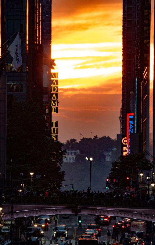 A day of cloudy skies gave way to a muted but dramatic Manhattanhenge, as seen from 42nd Street in Manhattan May 29, 2025. Manhattanhenge is an event during which the setting sun is aligned with the east-west streets of the street grid of Manhattan. The phenomenon occurs over two days, twice each year.